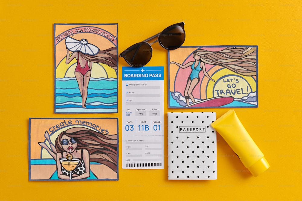 a pair of sunglasses and some tickets on a yellow surface