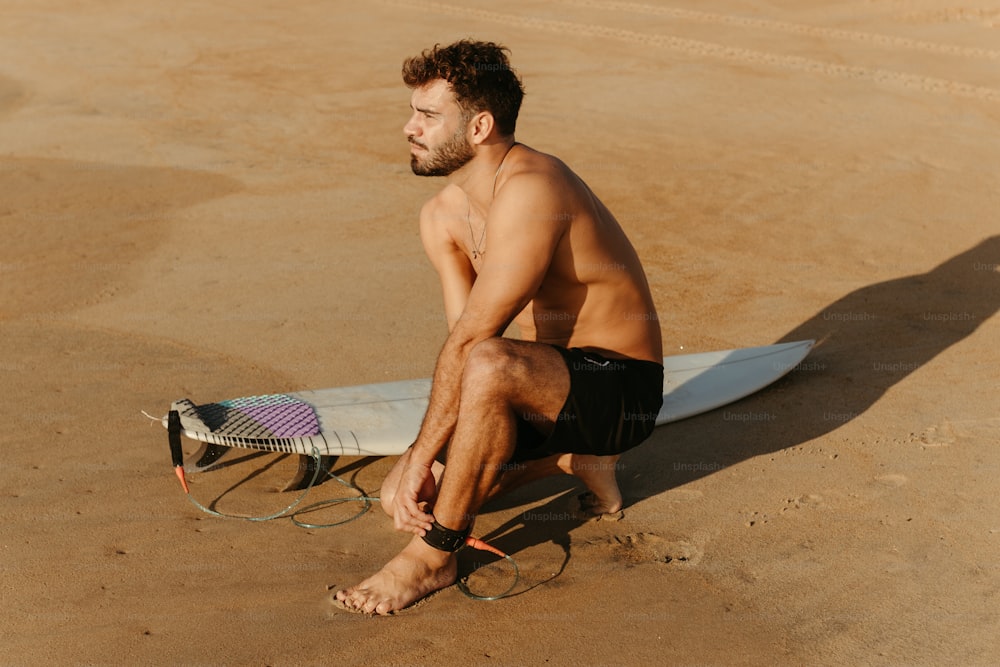 a shirtless man sitting on a beach next to a surfboard