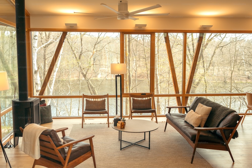 a living room filled with furniture and a fire place