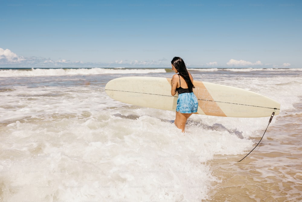 a woman holding a surfboard walking into the ocean