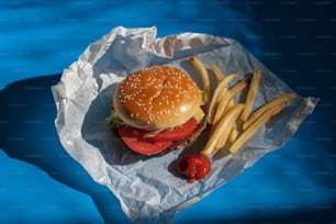 a hamburger and french fries on a piece of paper