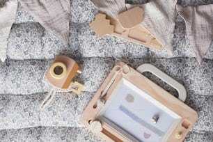 an overhead view of a sewing machine and sewing supplies