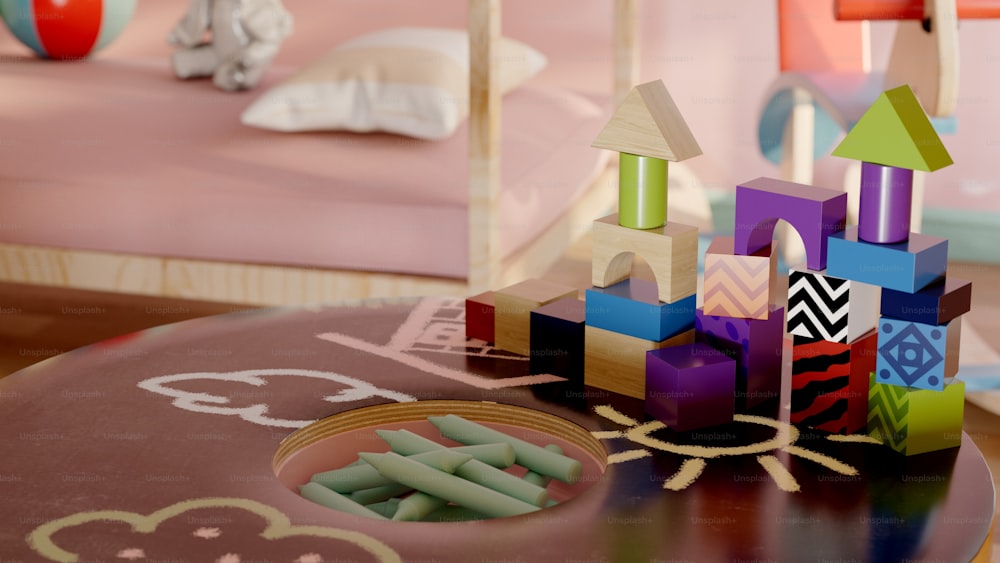 um quarto de criança com uma cama rosa e brinquedos