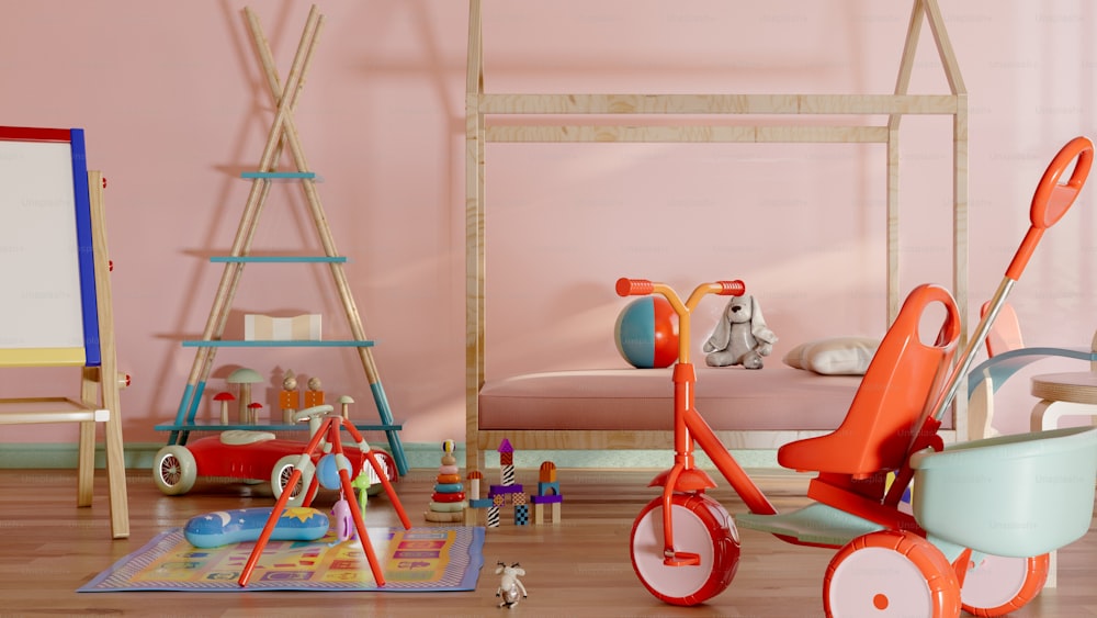 triciclo de uma criança e brinquedos em um quarto rosa