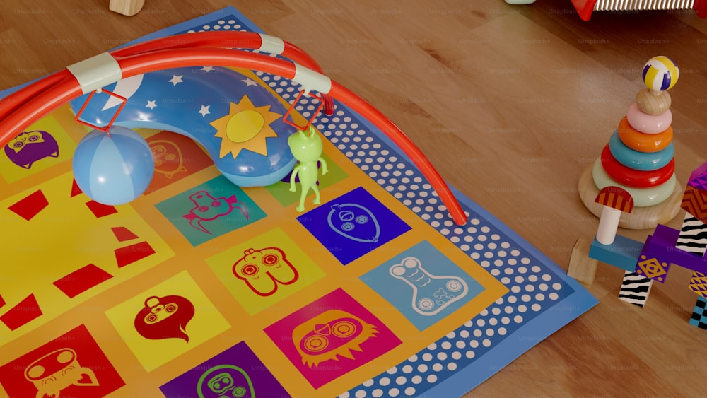 un tapis de jeu pour enfant avec des jouets dessus;
