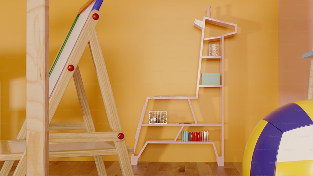 a child's room with a ladder, bookshelf and a ball