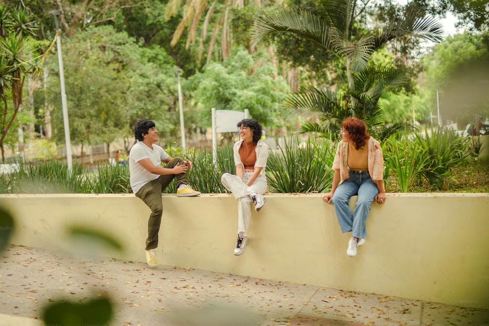 three people sitting on a wall with trees in the background