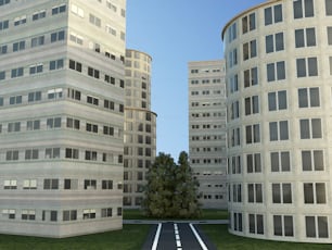 a road in front of two tall buildings