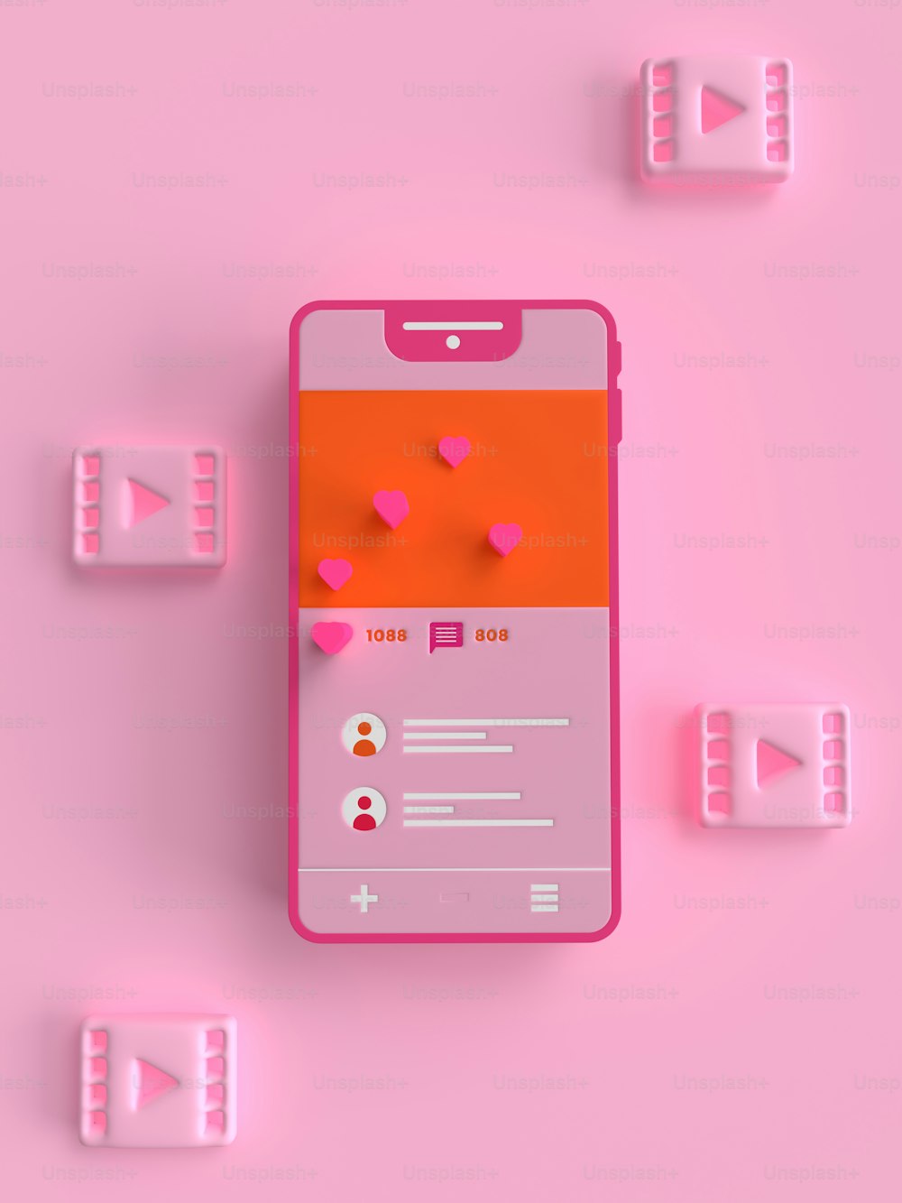Un téléphone portable rose avec des cœurs dessus