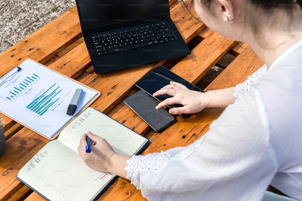 uma mulher sentada em uma mesa com um laptop e notebook