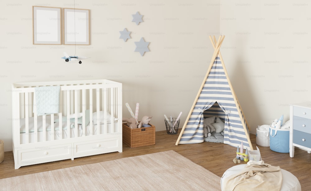 um quarto de bebê com um teepee e uma tenda teepee