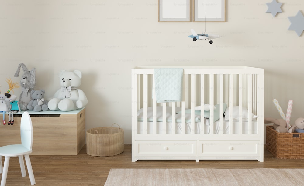 a baby's room with a crib, dresser, and stuffed animals