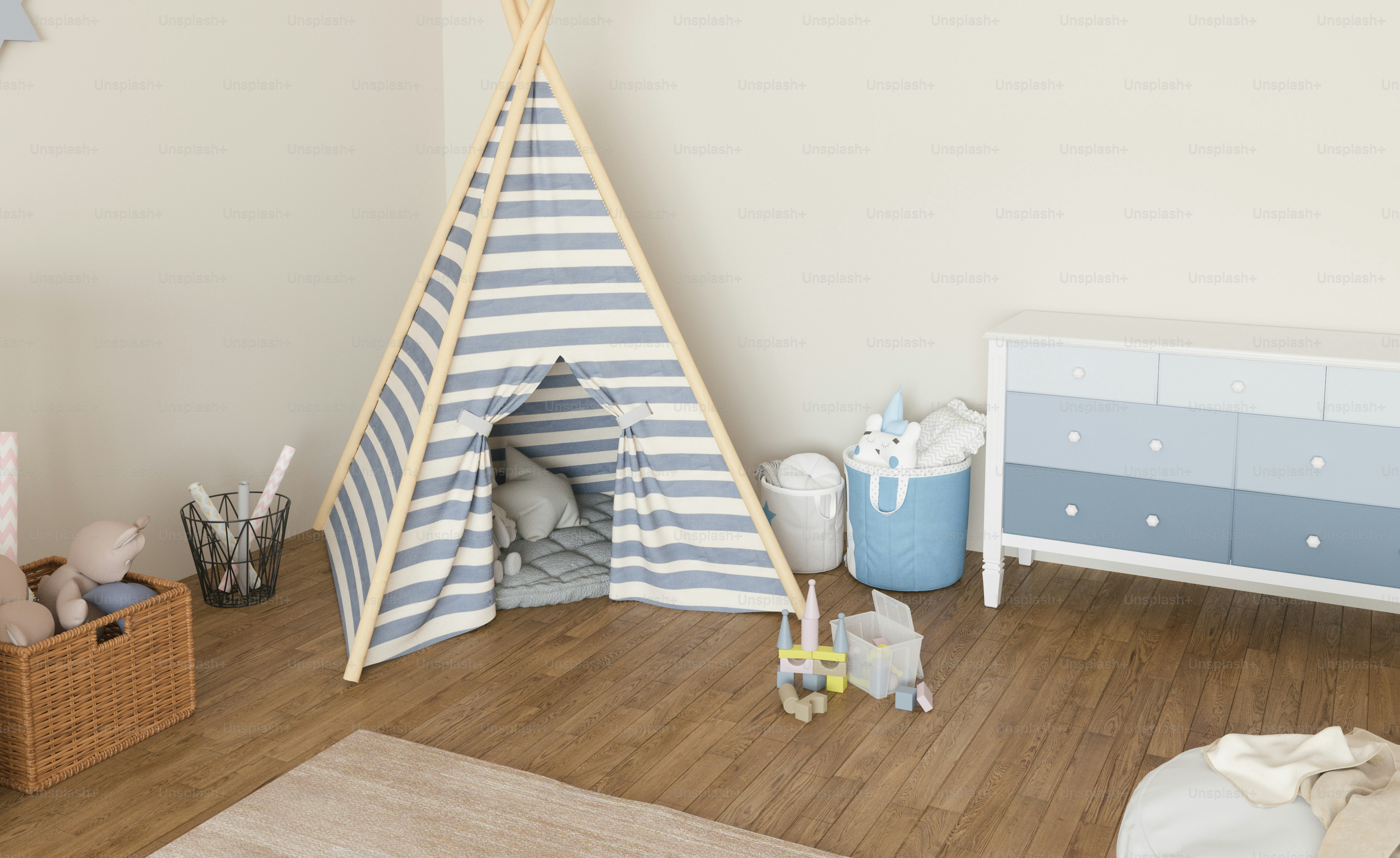 a child's room with a teepee tent and toys