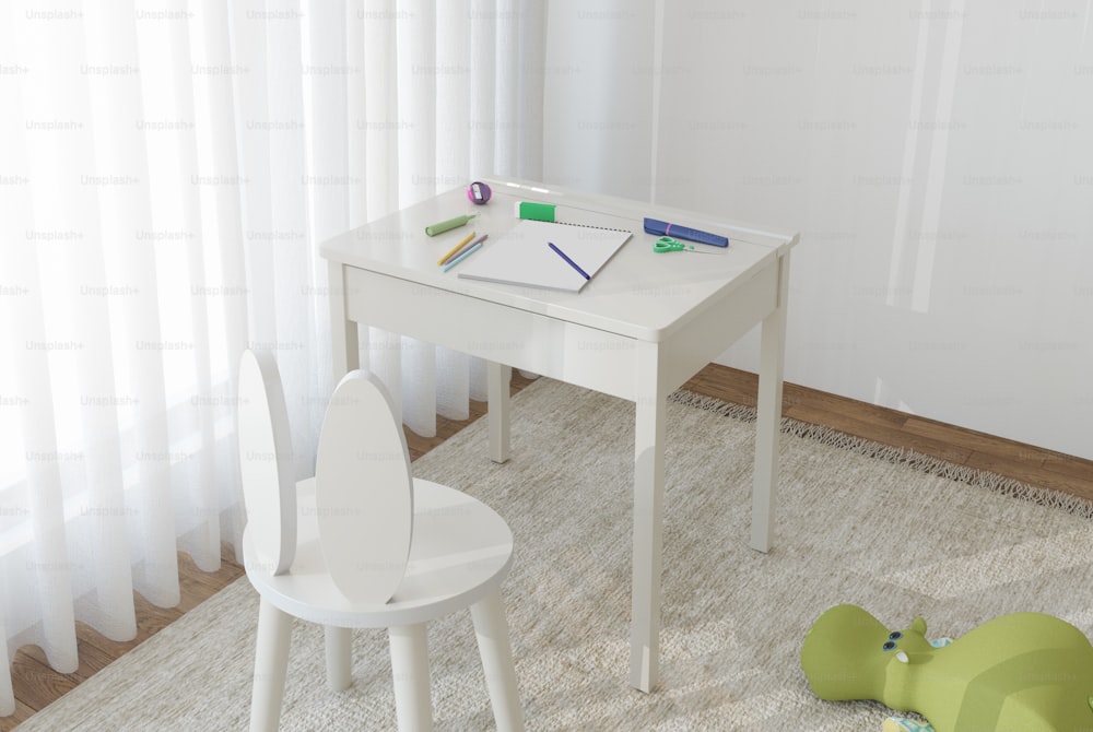 uma mesa branca com uma cadeira e um bloco de notas