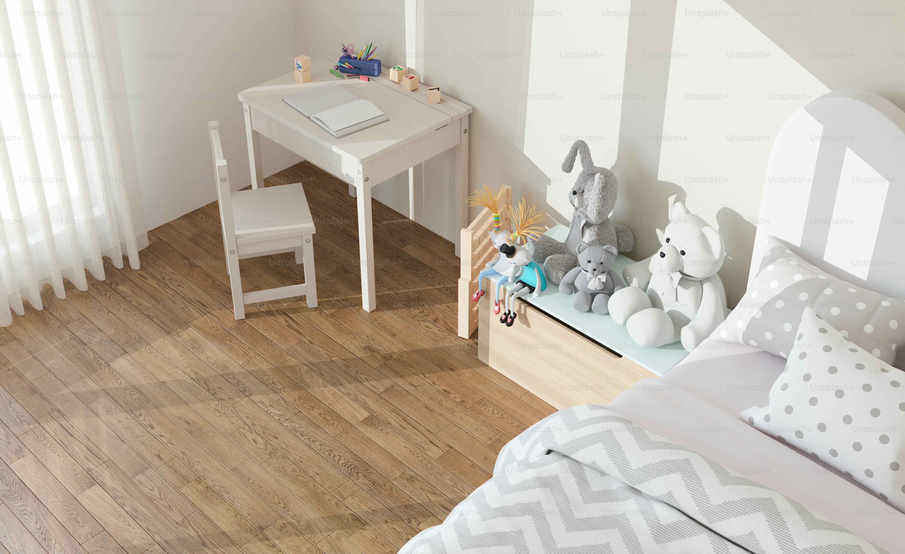 a child's bedroom with a desk, chair, and bed