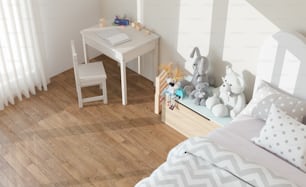 a child's bedroom with a desk, chair, and bed