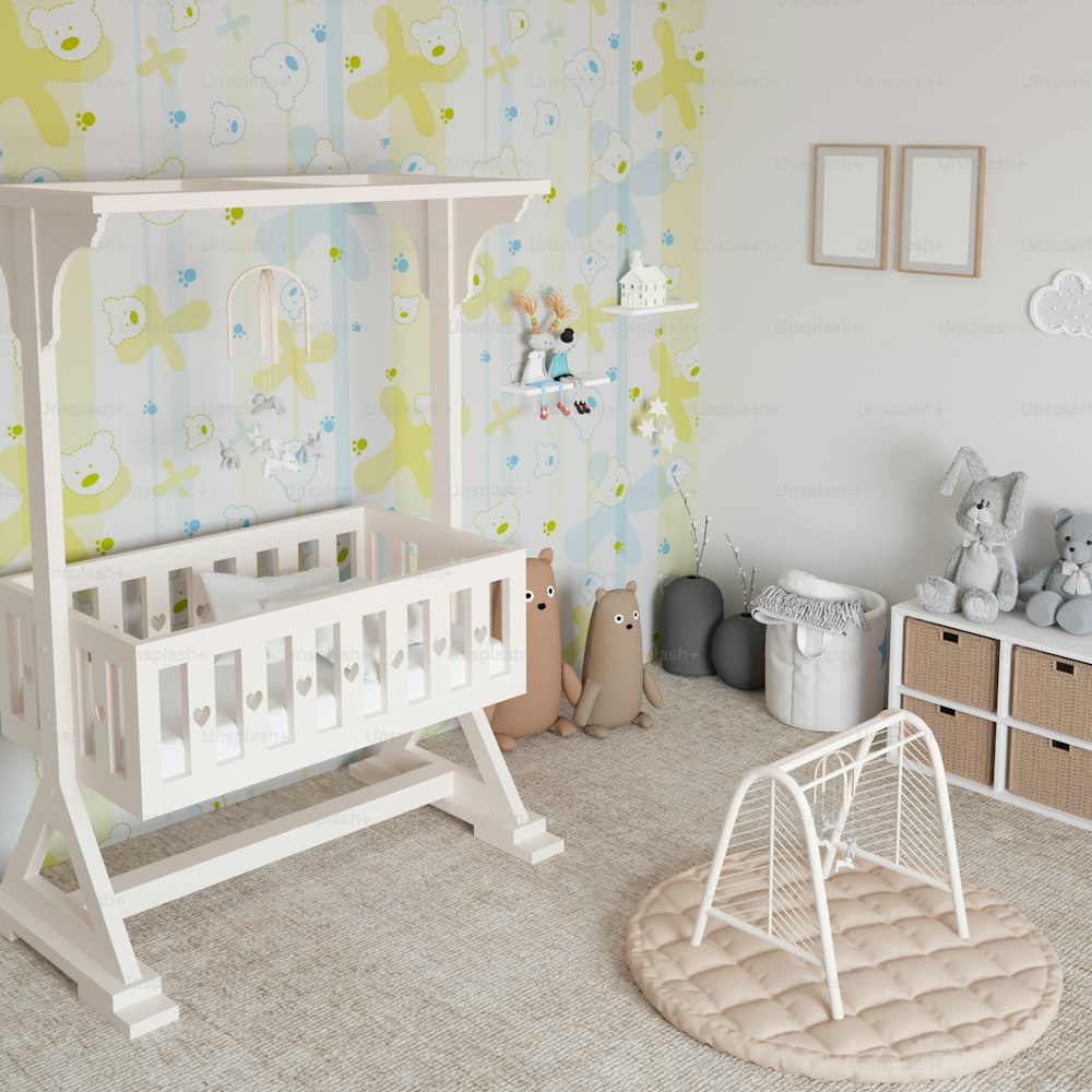 a baby's room with a crib and toys
