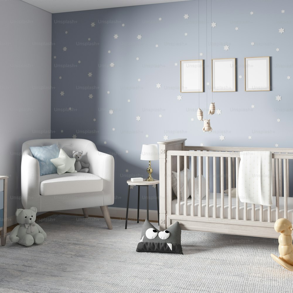 a baby's room with a white crib and a white chair
