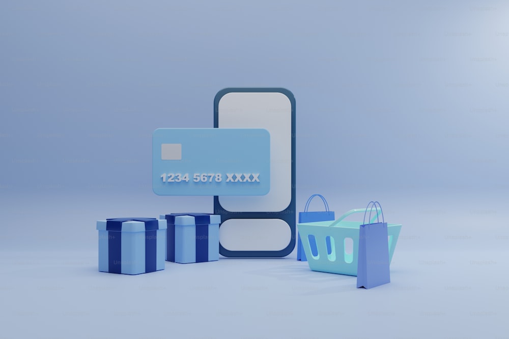 una carta di credito blu accanto alle confezioni regalo blu