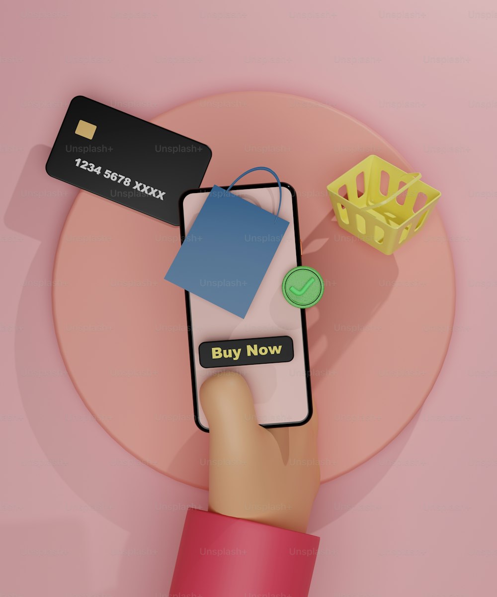 a hand holding a smart phone with a credit card on it
