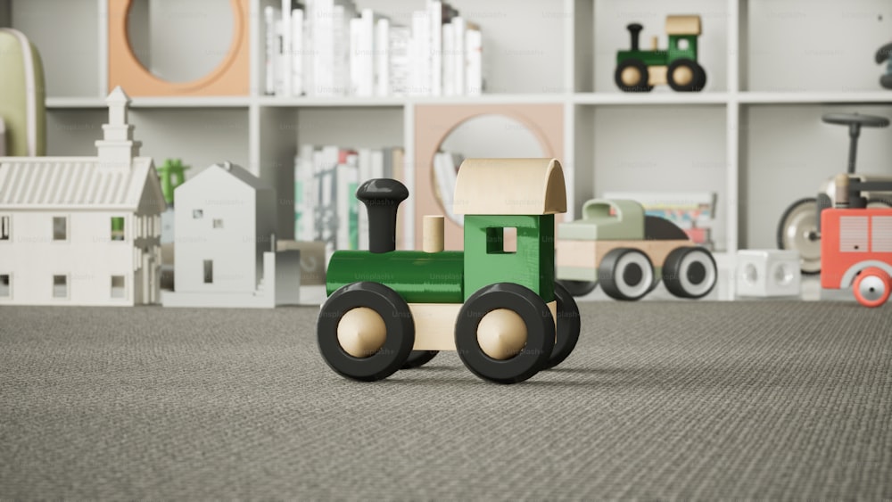 a green toy tractor sitting on top of a carpet