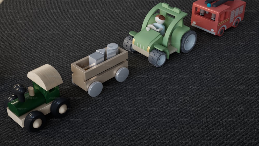 un tren de juguete con una persona montada en él