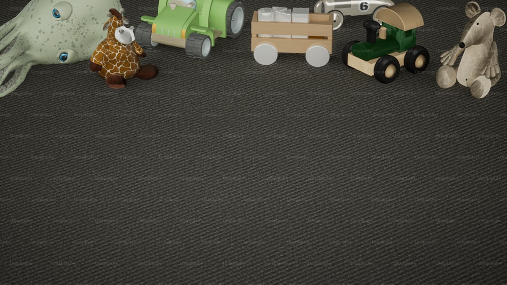 um grupo de brinquedos sentados em cima de um tapete