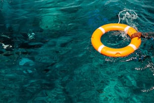 an orange life preserver floating in the ocean