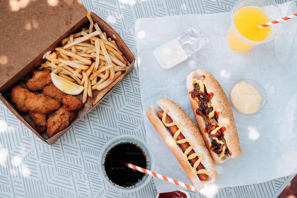 a couple of hot dogs sitting on top of a table