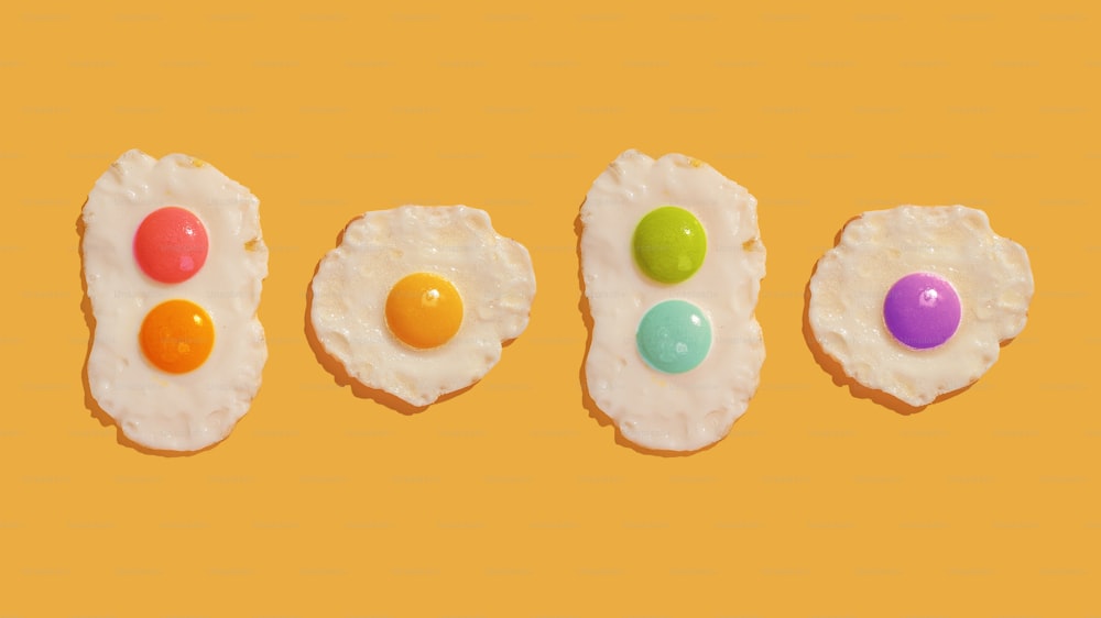 a group of three cookies with eggs on them