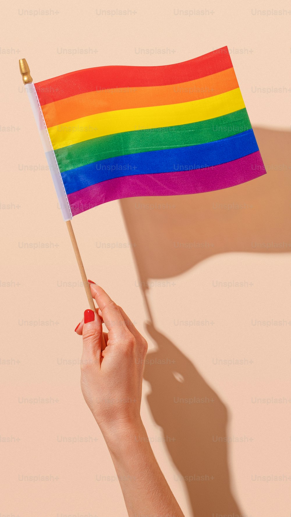 Una persona sosteniendo una bandera del arco iris en la mano