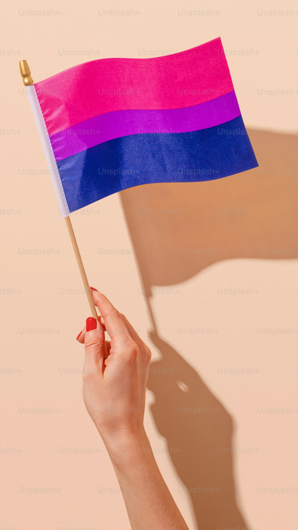 Una mujer sosteniendo una bandera púrpura y azul
