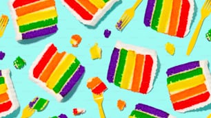 虹色のアイシングとケーキのクローズアップ