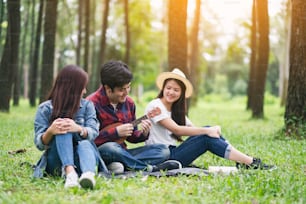 A group of young people playing ukulele while sitting together in the park