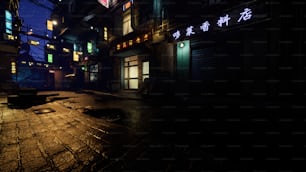 Una calle de la ciudad por la noche con luces de neón