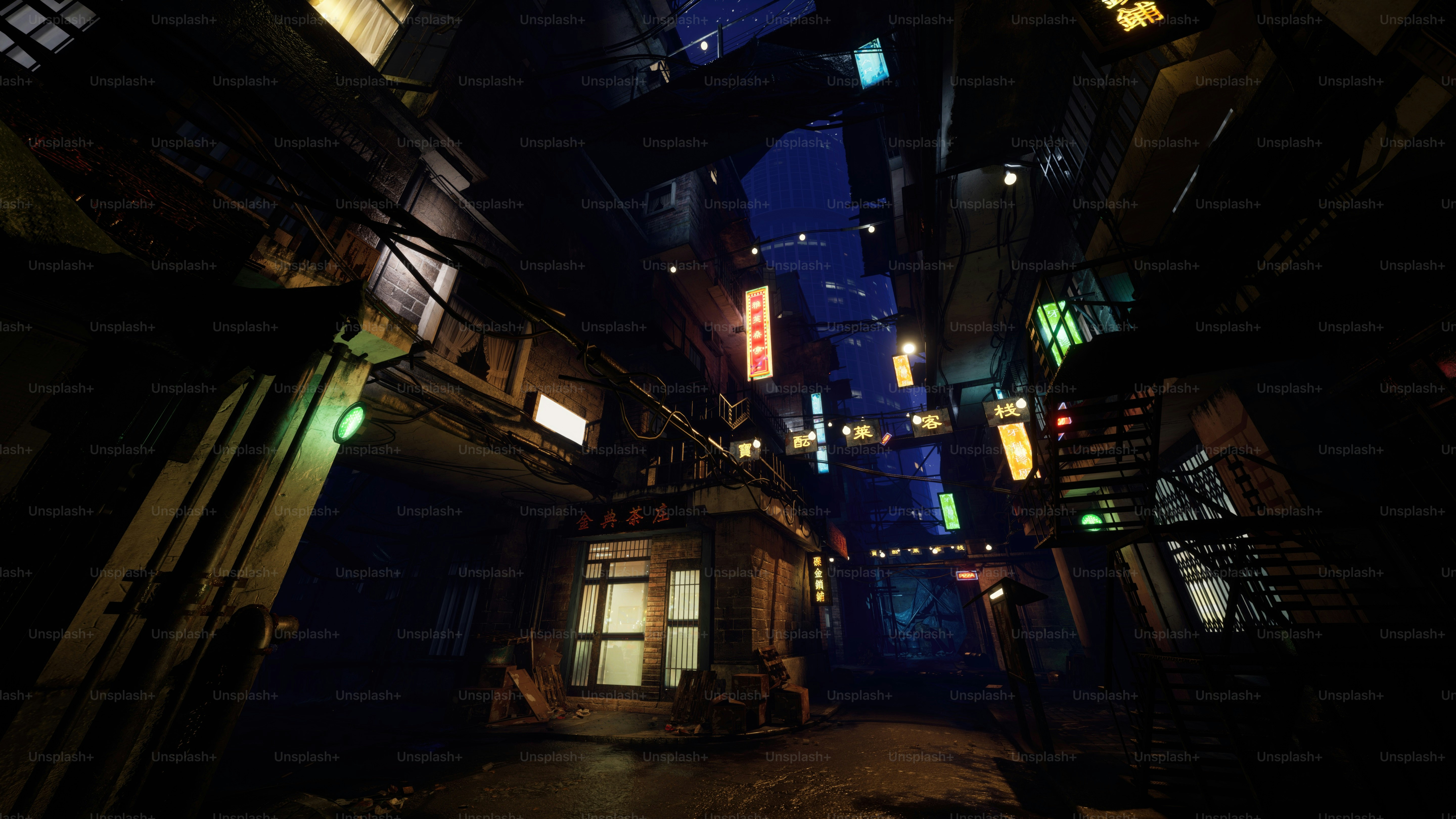 a dark alley with lights hanging from the ceiling