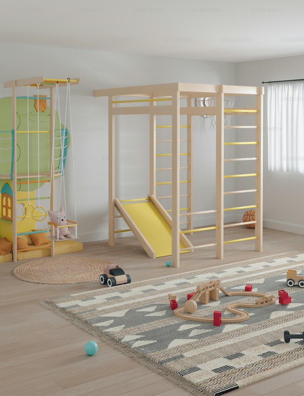 uma sala de jogos infantil com um escorregador e brinquedos