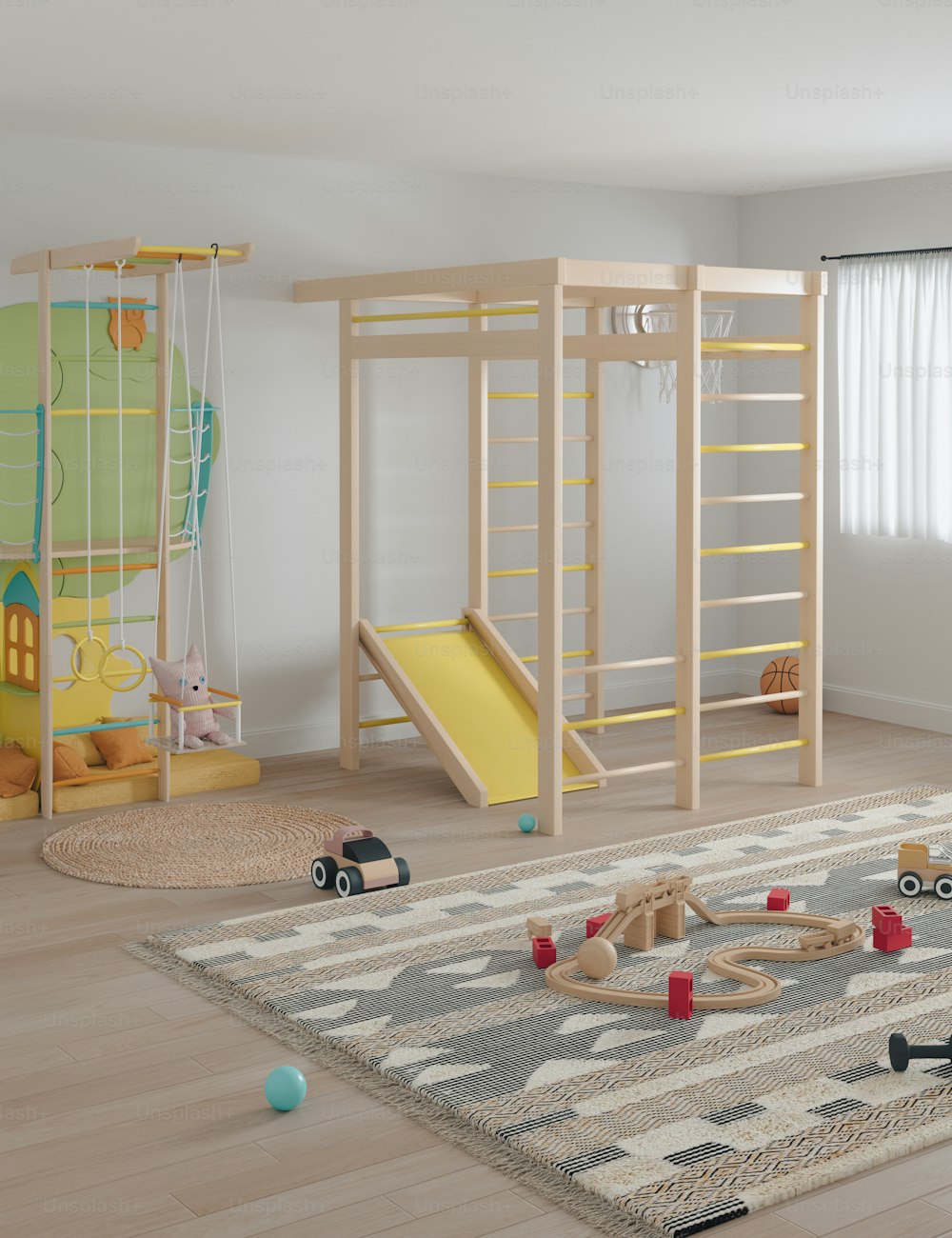 a child's play room with a slide and toys