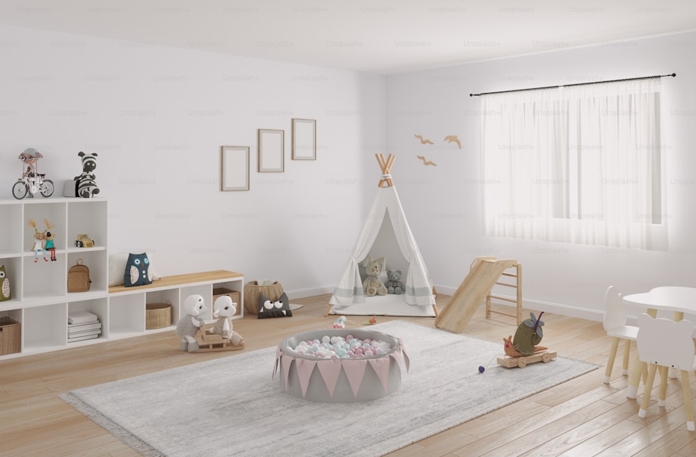 a child's room with a teepee tent and toys