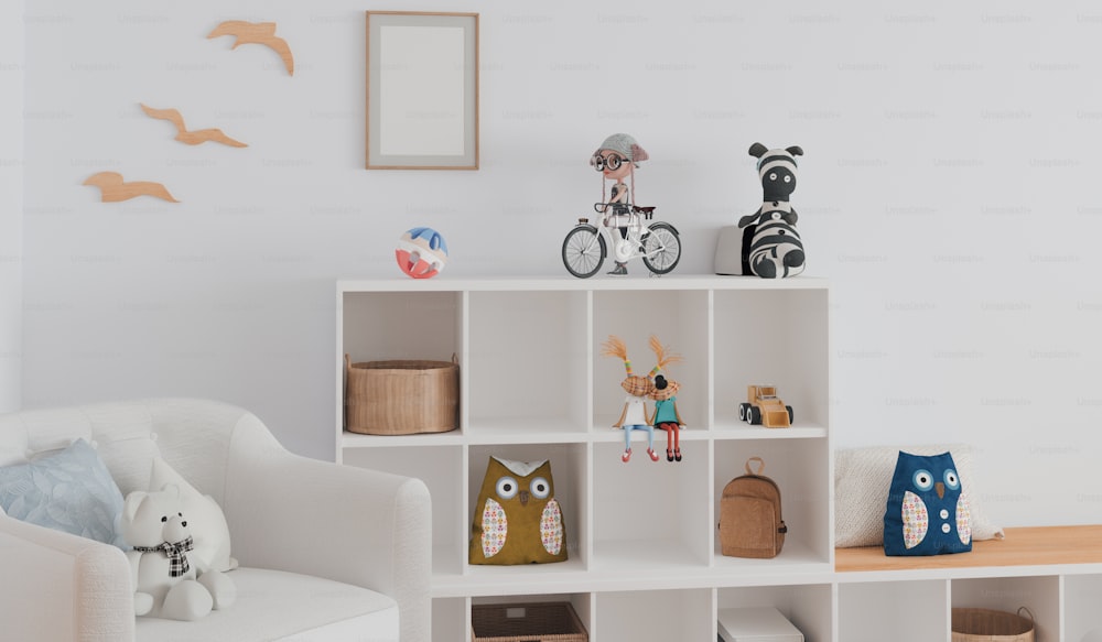 a room with a white book shelf filled with stuffed animals