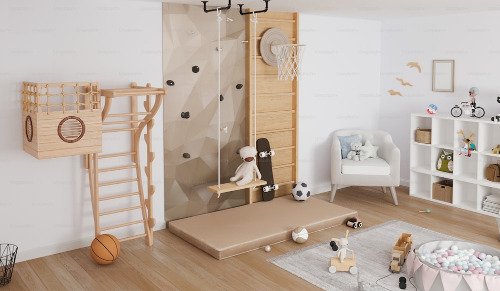 a child's room with a ladder and a bed