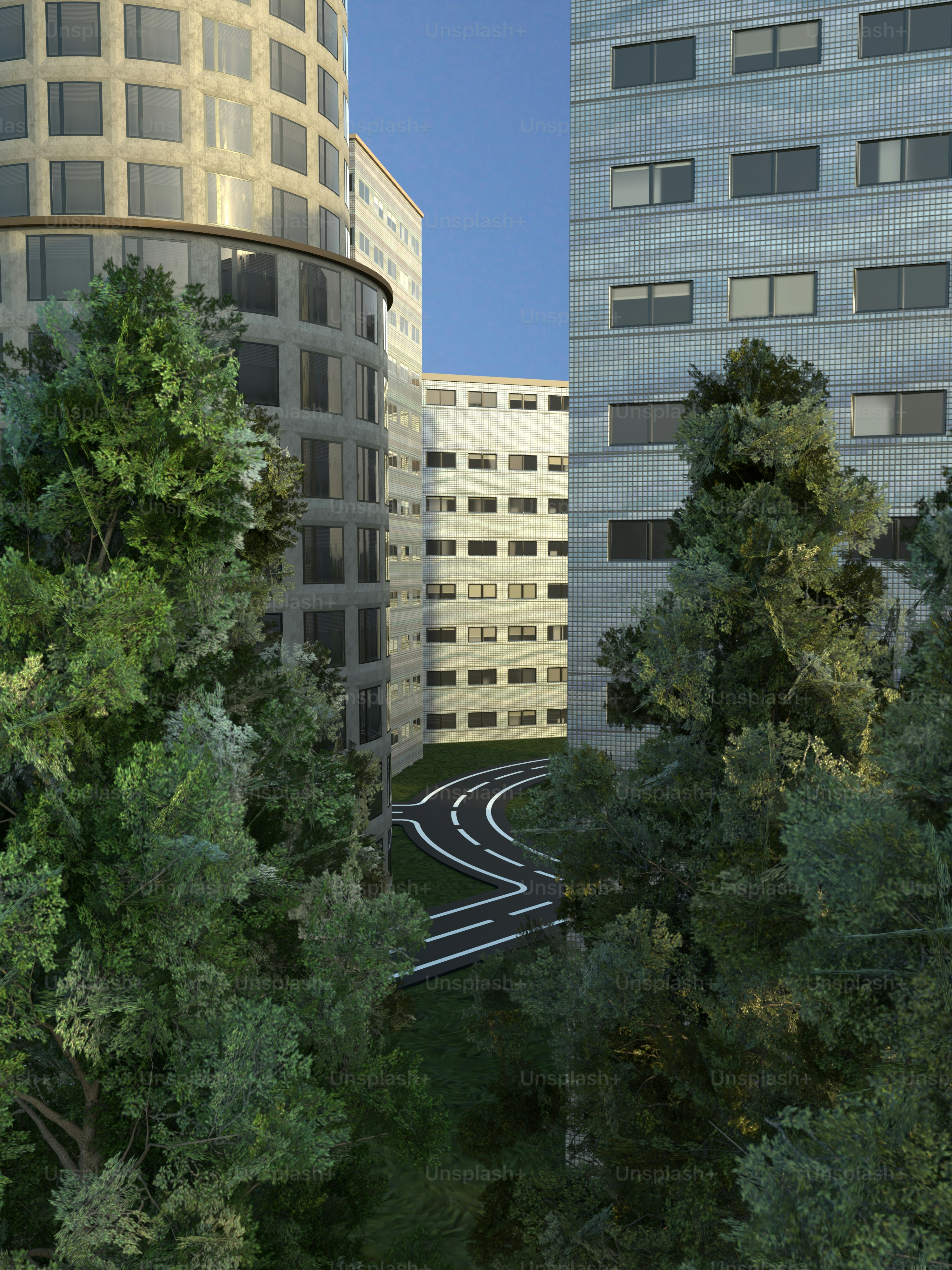a view of a street in a city with tall buildings