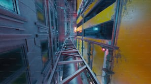 a long narrow hallway with a yellow and red wall