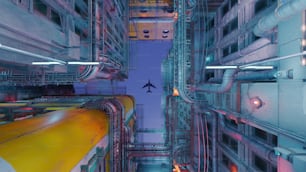 Ein Flugzeug fliegt über ein großes Industriegebiet