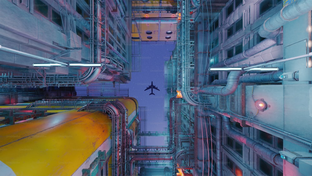 an airplane is flying over a large industrial area