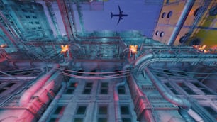 a computer generated image of a plane flying over a factory