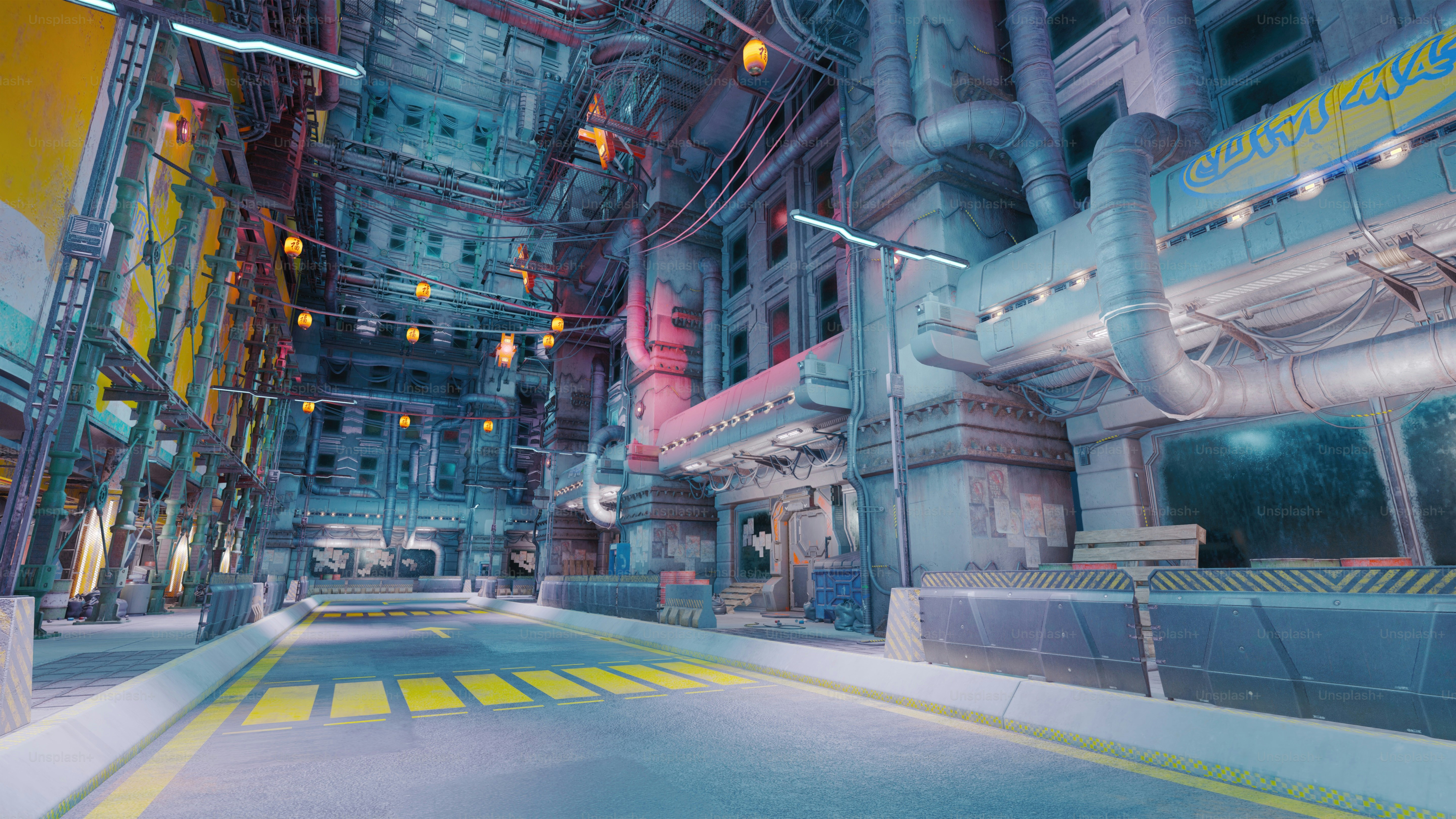 a futuristic city street with a lot of pipes