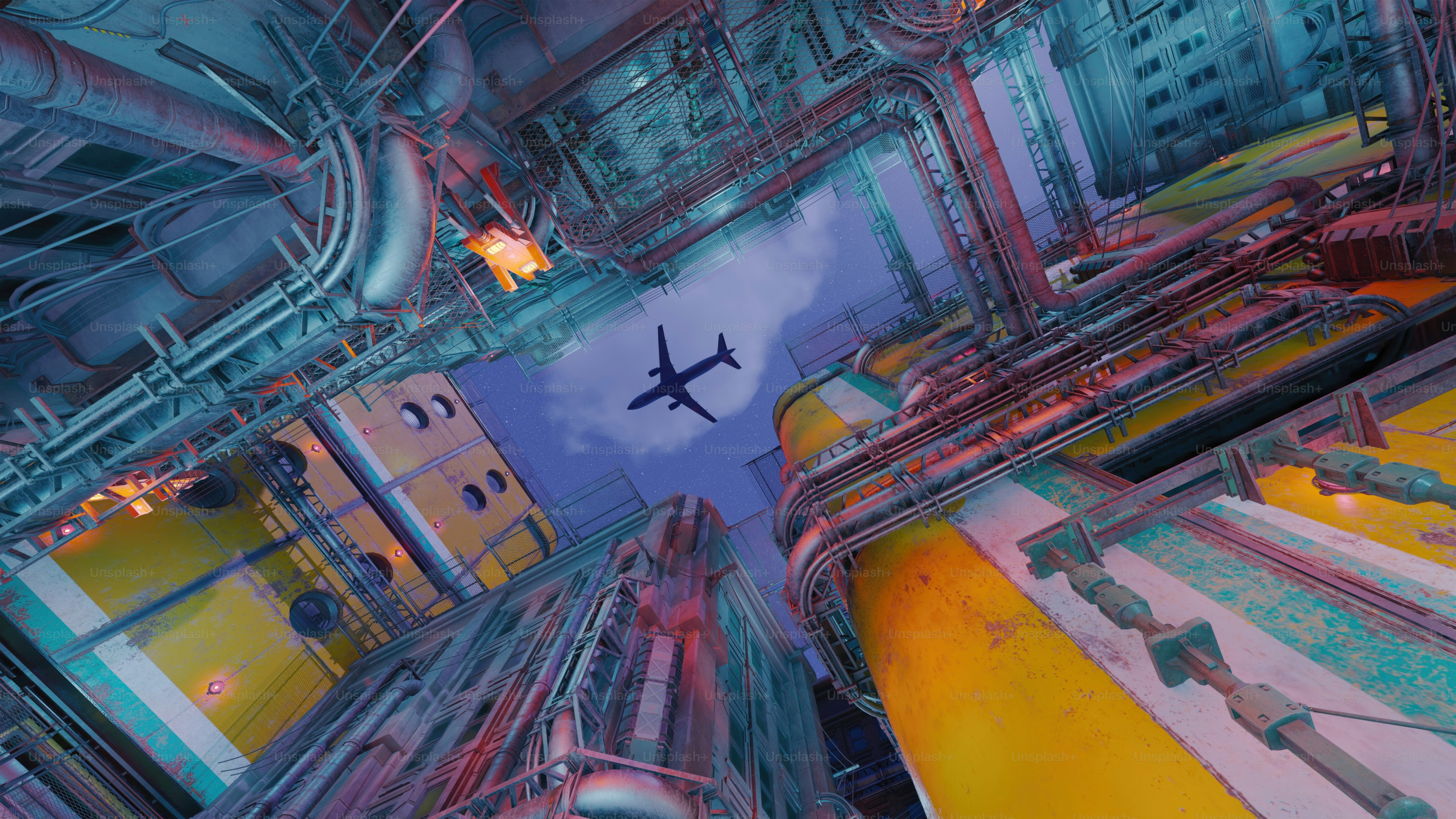 an airplane flying through a very large industrial building