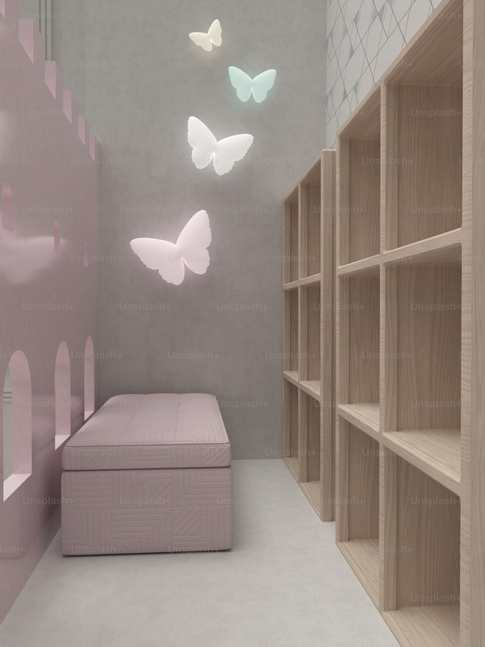 um quarto com cama, prateleiras e borboletas na parede