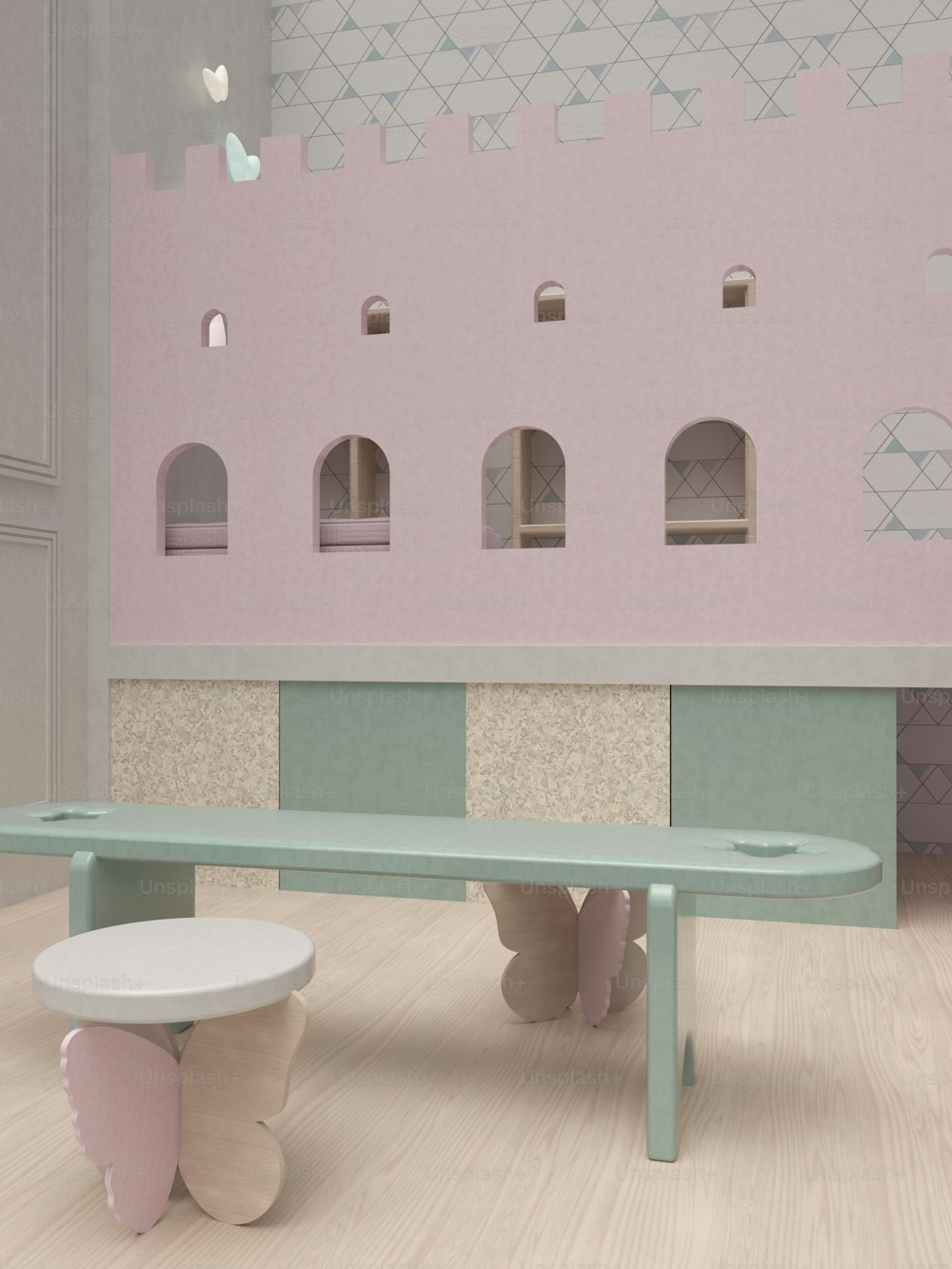 a bench and table in a room with a pink wall